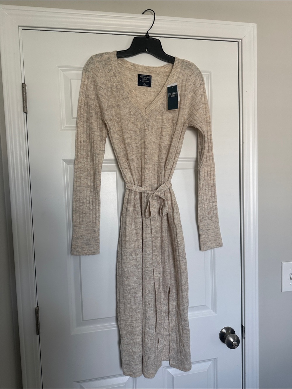 Abercrombie and Fitch Women's Ribbed V-Neck Knit Belted Dress in Beige